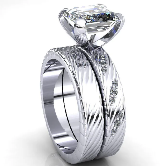 Fire Brilliance Rings Seine Asscher Moissanite Diamond Accent Band 4 Prong Ring