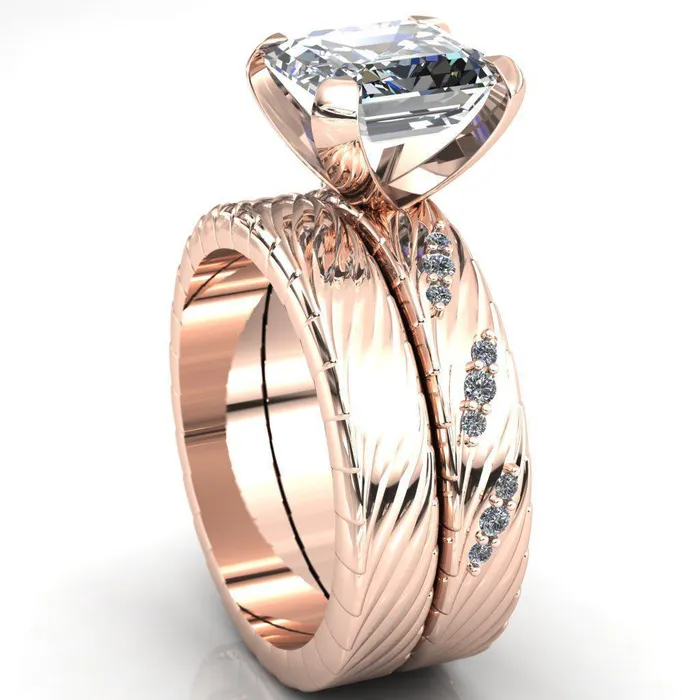 Fire Brilliance Rings Seine Asscher Moissanite Diamond Accent Band 4 Prong Ring