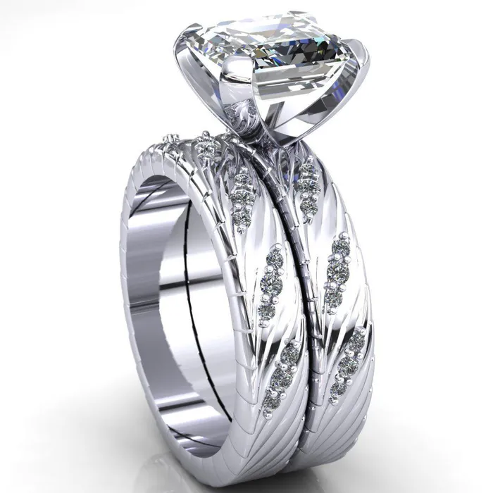 Fire Brilliance Rings Seine Asscher Moissanite Diamond Accent Band 4 Prong Ring