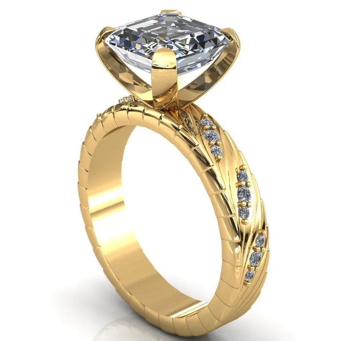 Fire Brilliance Rings Seine Asscher Moissanite Diamond Accent Band 4 Prong Ring