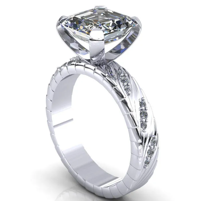 Fire Brilliance Rings Seine Asscher Moissanite Diamond Accent Band 4 Prong Ring