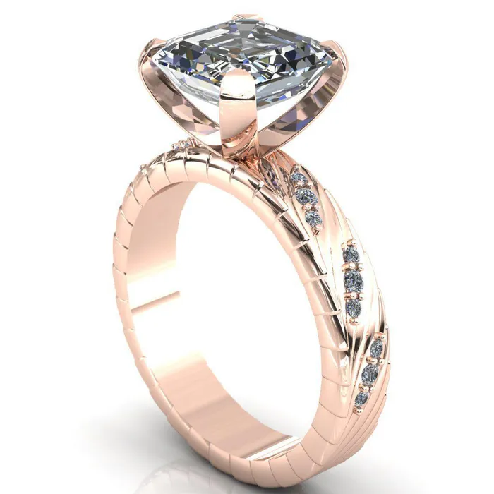 Fire Brilliance Rings Seine Asscher Moissanite Diamond Accent Band 4 Prong Ring