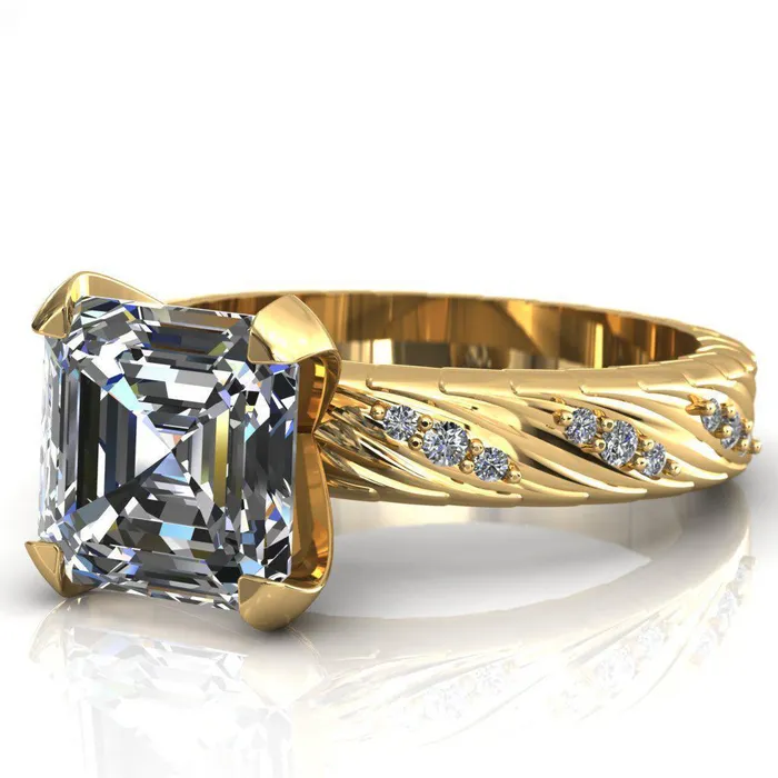 Fire Brilliance Rings Seine Asscher Moissanite Diamond Accent Band 4 Prong Ring