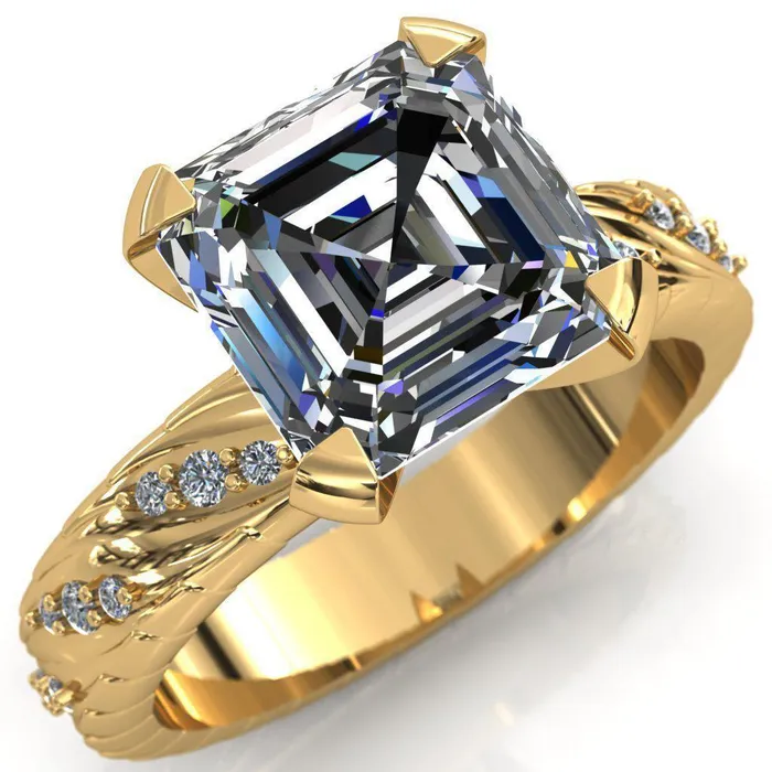 Fire Brilliance Rings Seine Asscher Moissanite Diamond Accent Band 4 Prong Ring