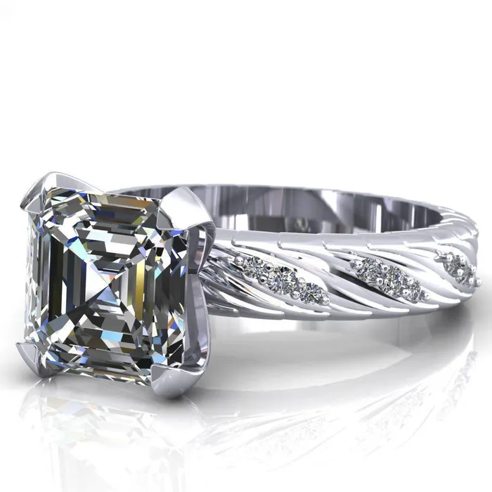 Fire Brilliance Rings Seine Asscher Moissanite Diamond Accent Band 4 Prong Ring
