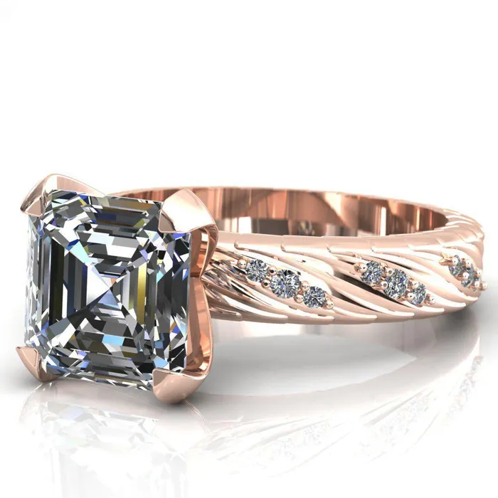 Fire Brilliance Rings Seine Asscher Moissanite Diamond Accent Band 4 Prong Ring
