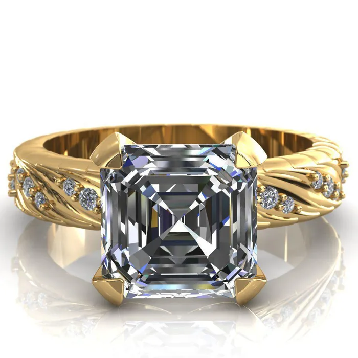Fire Brilliance Rings Seine Asscher Moissanite Diamond Accent Band 4 Prong Ring