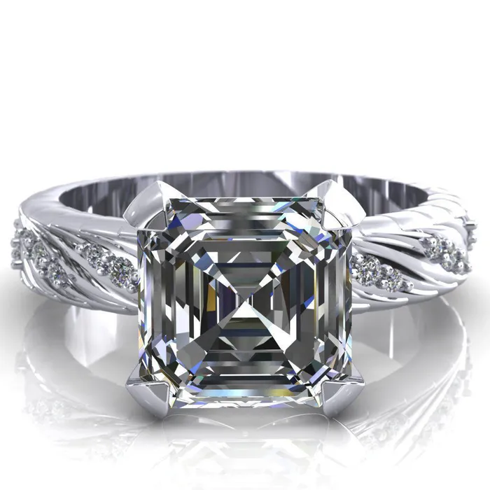 Fire Brilliance Rings Seine Asscher Moissanite Diamond Accent Band 4 Prong Ring