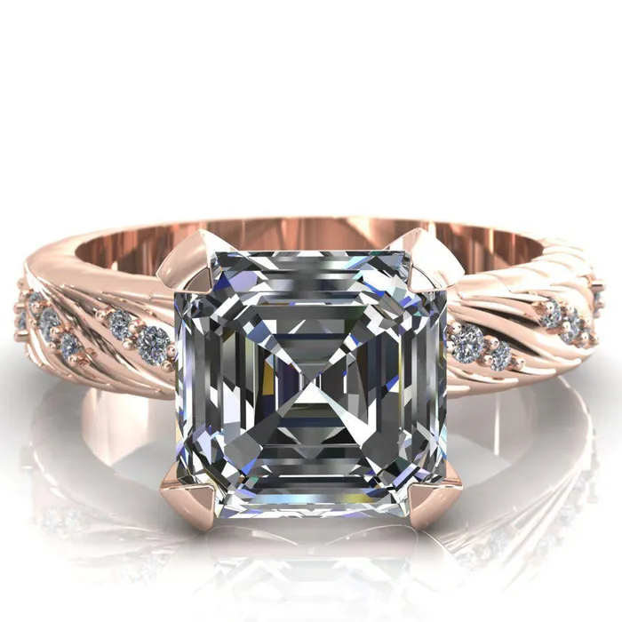 Fire Brilliance Rings Seine Asscher Moissanite Diamond Accent Band 4 Prong Ring