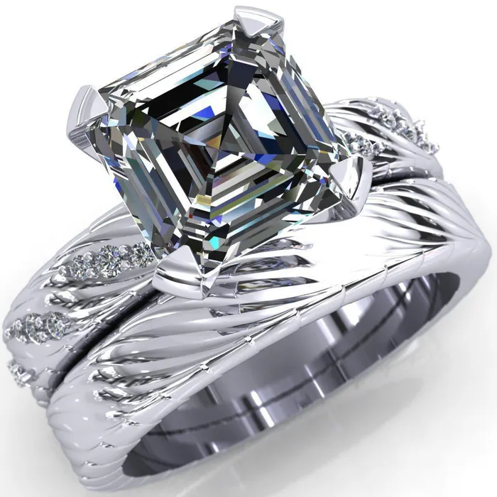 Fire Brilliance Rings Seine Asscher Moissanite Diamond Accent Band 4 Prong Ring