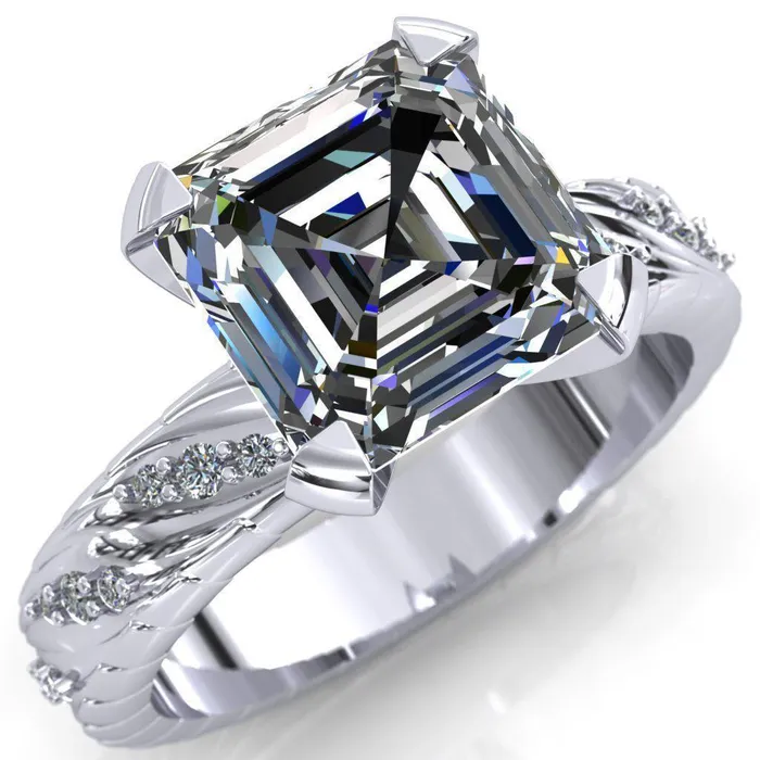 Fire Brilliance Rings Seine Asscher Moissanite Diamond Accent Band 4 Prong Ring