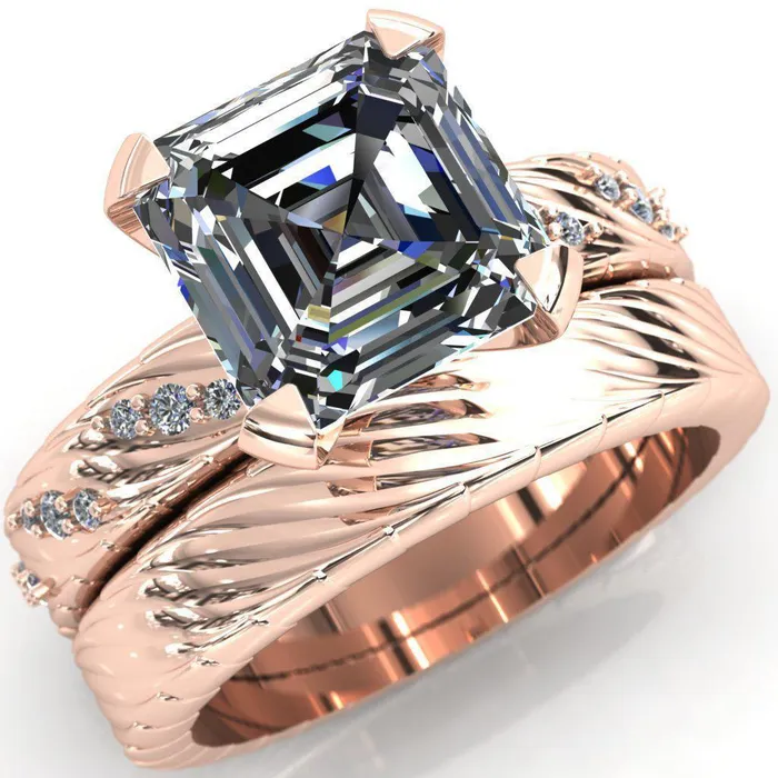 Fire Brilliance Rings Seine Asscher Moissanite Diamond Accent Band 4 Prong Ring