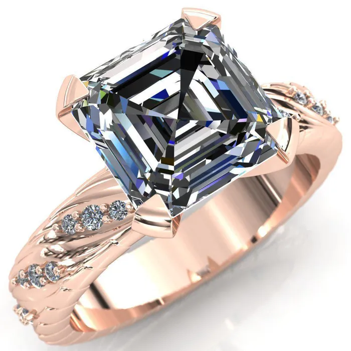 Fire Brilliance Rings Seine Asscher Moissanite Diamond Accent Band 4 Prong Ring