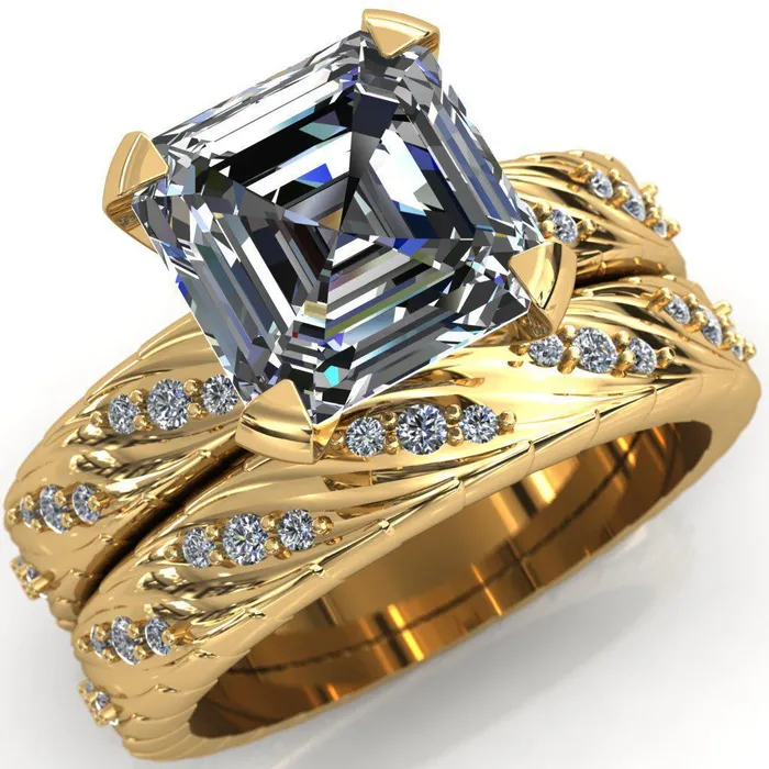Fire Brilliance Rings Seine Asscher Moissanite Diamond Accent Band 4 Prong Ring