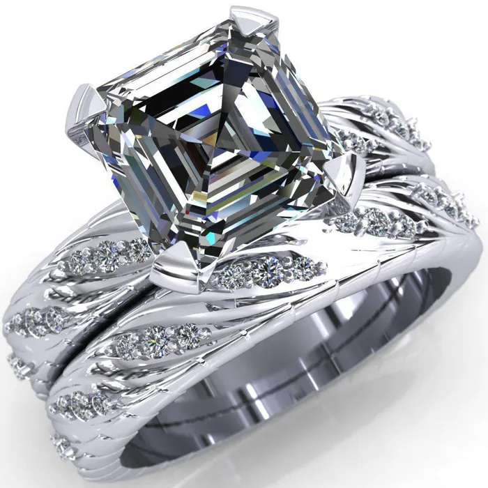 Fire Brilliance Rings Seine Asscher Moissanite Diamond Accent Band 4 Prong Ring