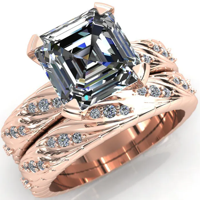 Fire Brilliance Rings Seine Asscher Moissanite Diamond Accent Band 4 Prong Ring