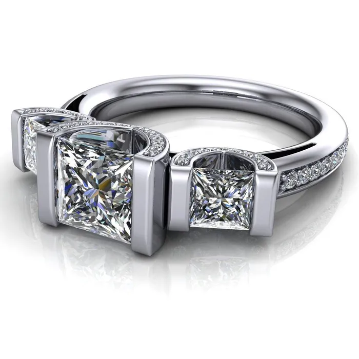 Fire Brilliance Rings Therese PrincessSquare Moissanite 3 Stone Cathedral Ring