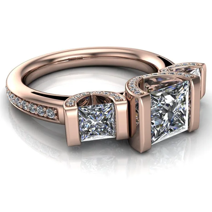 Fire Brilliance Rings Therese PrincessSquare Moissanite 3 Stone Cathedral Ring