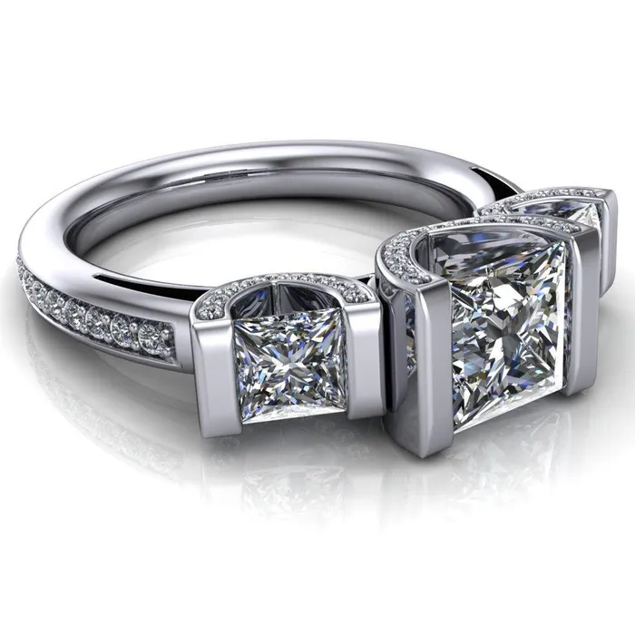 Fire Brilliance Rings Therese PrincessSquare Moissanite 3 Stone Cathedral Ring