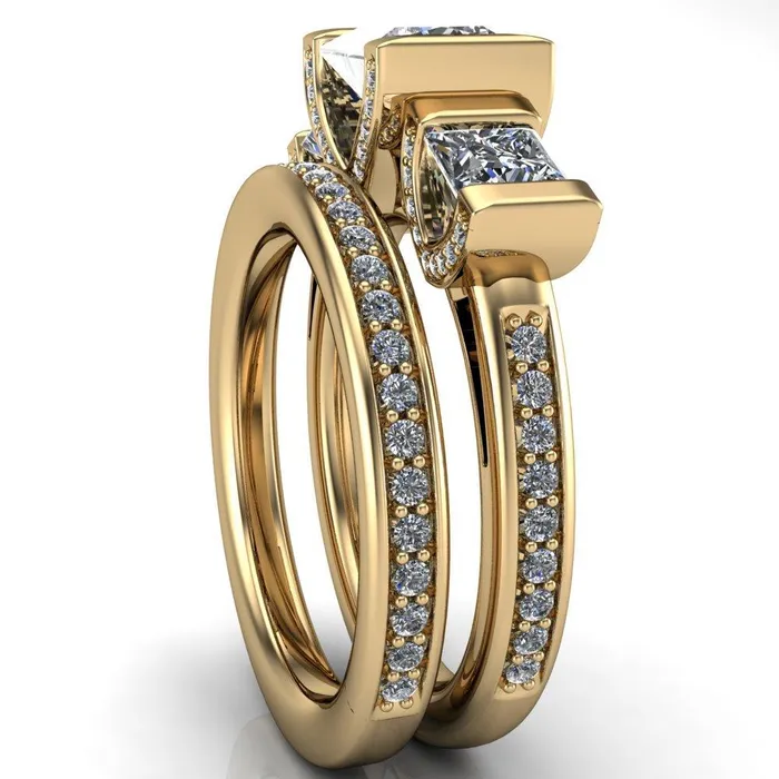 Fire Brilliance Rings Therese PrincessSquare Moissanite 3 Stone Cathedral Ring
