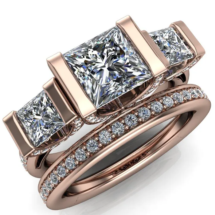 Fire Brilliance Rings Therese PrincessSquare Moissanite 3 Stone Cathedral Ring