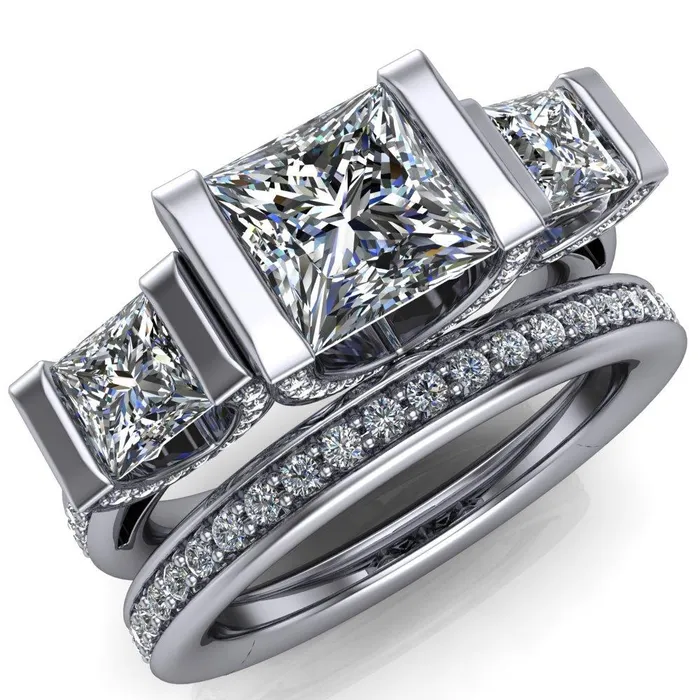 Fire Brilliance Rings Therese PrincessSquare Moissanite 3 Stone Cathedral Ring
