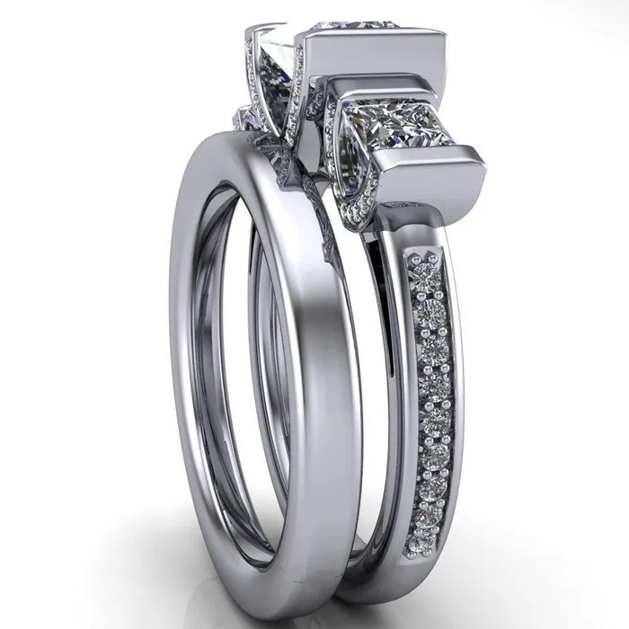Fire Brilliance Rings Therese PrincessSquare Moissanite 3 Stone Cathedral Ring