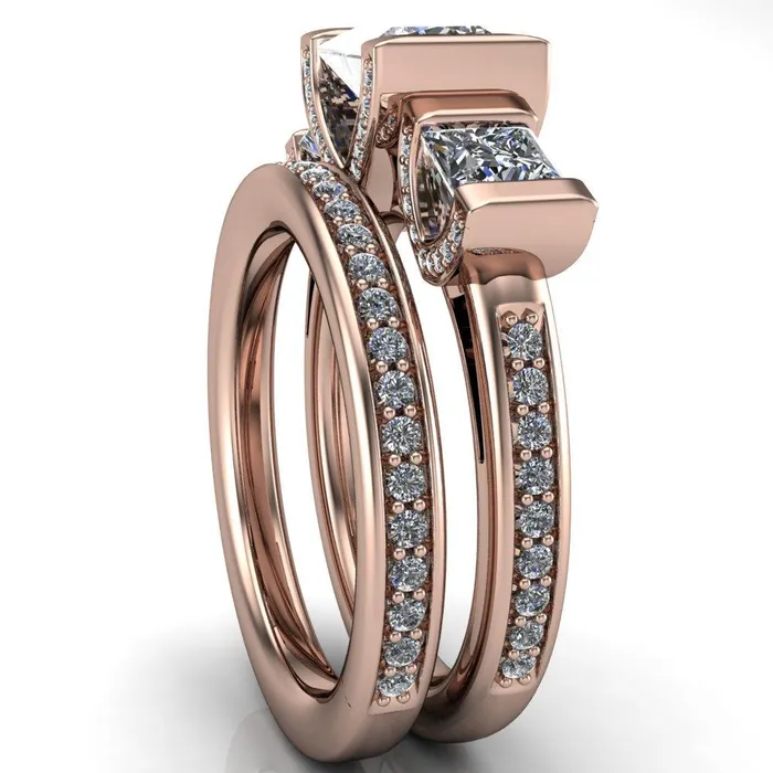 Fire Brilliance Rings Therese PrincessSquare Moissanite 3 Stone Cathedral Ring