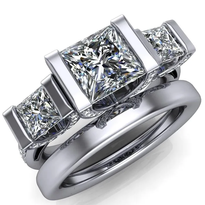 Fire Brilliance Rings Therese PrincessSquare Moissanite 3 Stone Cathedral Ring