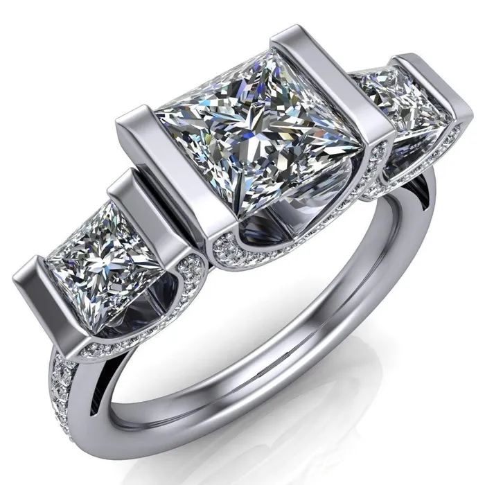Fire Brilliance Rings Therese PrincessSquare Moissanite 3 Stone Cathedral Ring
