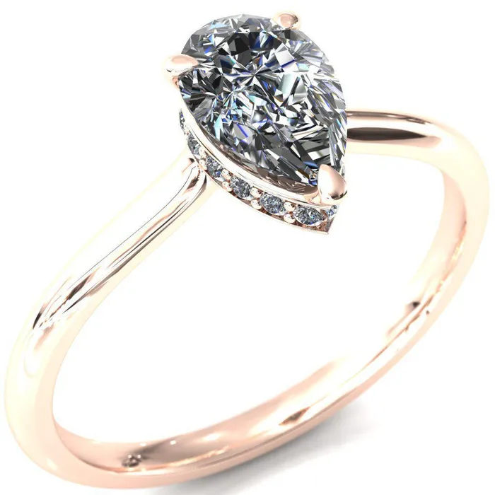 Fire Brilliance Secret Pear Center Stone 3 Prong Floating Halo Engagement Ring Rings