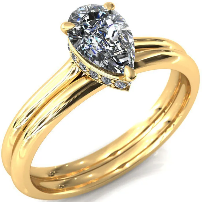 Fire Brilliance Secret Pear Center Stone 3 Prong Floating Halo Engagement Ring Rings