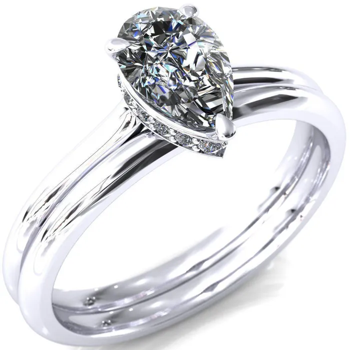 Fire Brilliance Secret Pear Center Stone 3 Prong Floating Halo Engagement Ring Rings