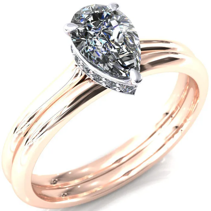 Fire Brilliance Secret Pear Center Stone 3 Prong Floating Halo Engagement Ring Rings