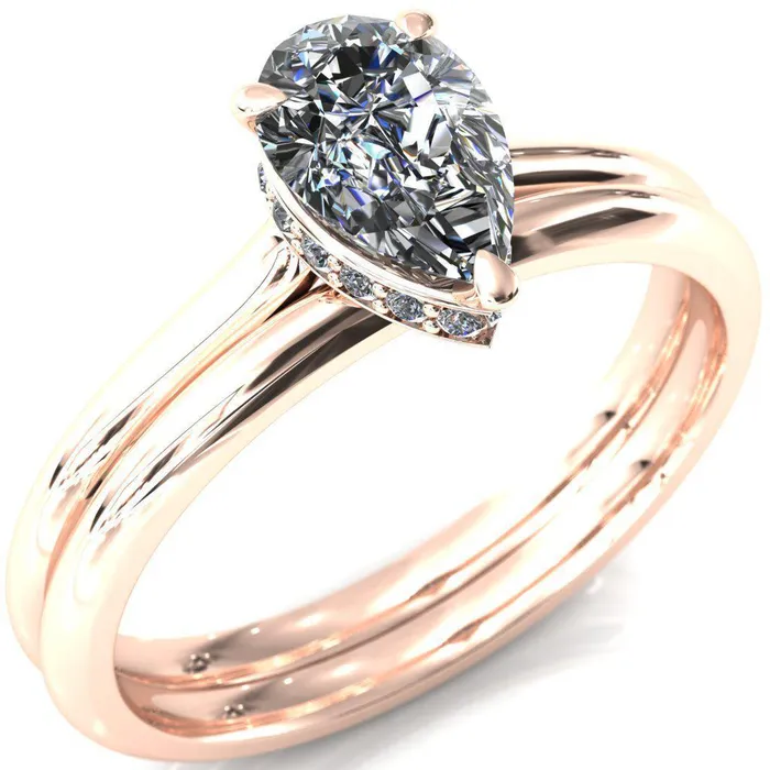 Fire Brilliance Secret Pear Center Stone 3 Prong Floating Halo Engagement Ring Rings