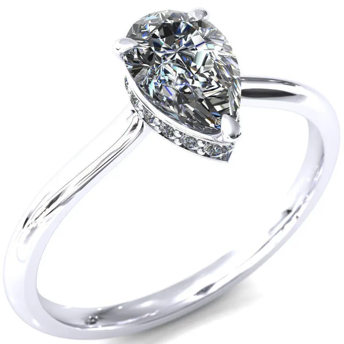 Fire Brilliance Secret Pear Center Stone 3 Prong Floating Halo Engagement Ring Rings