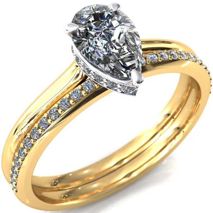 Fire Brilliance Secret Pear Center Stone 3 Prong Floating Halo Engagement Ring Rings