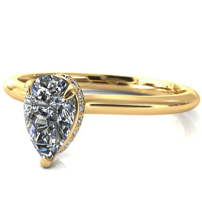 Fire Brilliance Secret Pear Center Stone 3 Prong Floating Halo Engagement Ring Rings