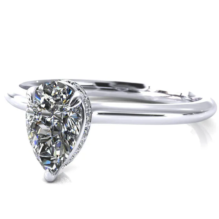 Fire Brilliance Secret Pear Center Stone 3 Prong Floating Halo Engagement Ring Rings