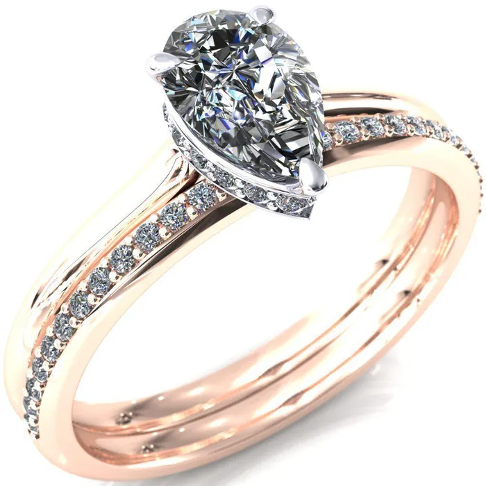 Fire Brilliance Secret Pear Center Stone 3 Prong Floating Halo Engagement Ring Rings