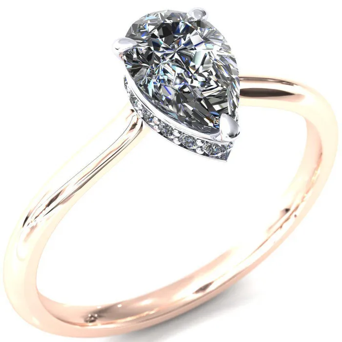 Fire Brilliance Secret Pear Center Stone 3 Prong Floating Halo Engagement Ring Rings