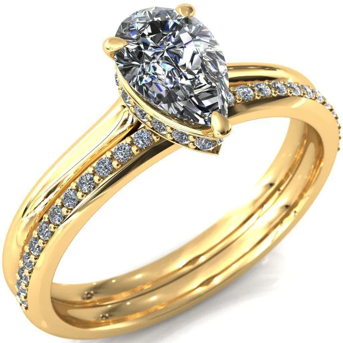 Fire Brilliance Secret Pear Center Stone 3 Prong Floating Halo Engagement Ring Rings