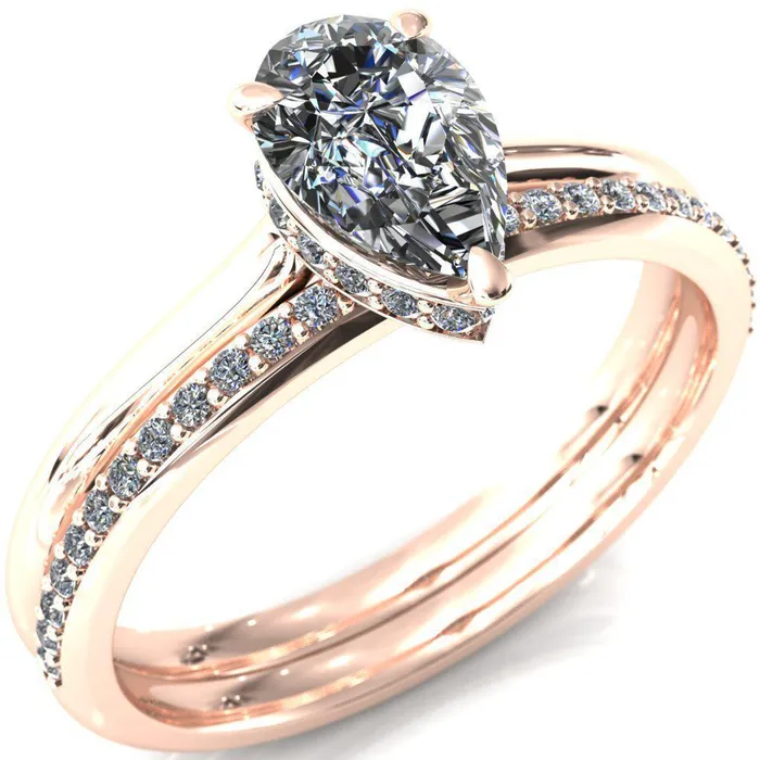 Fire Brilliance Secret Pear Center Stone 3 Prong Floating Halo Engagement Ring Rings