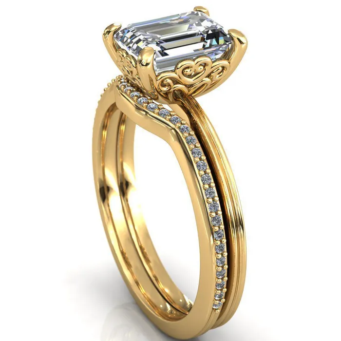 Fire Brilliance Violette Emerald Center Stone Mustache Heart Scrolls Engagement Ring Rings