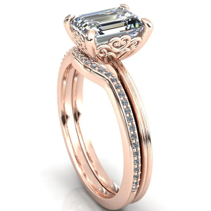 Fire Brilliance Violette Emerald Center Stone Mustache Heart Scrolls Engagement Ring Rings