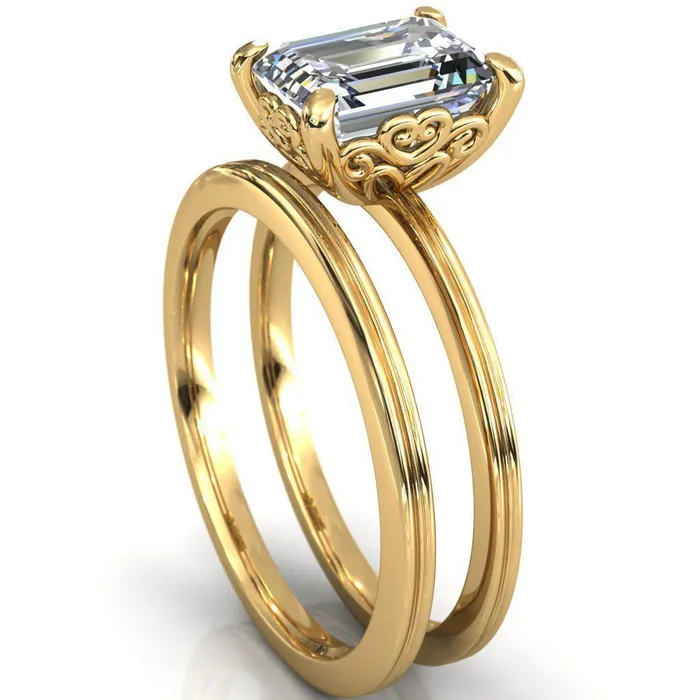 Fire Brilliance Violette Emerald Center Stone Mustache Heart Scrolls Engagement Ring Rings