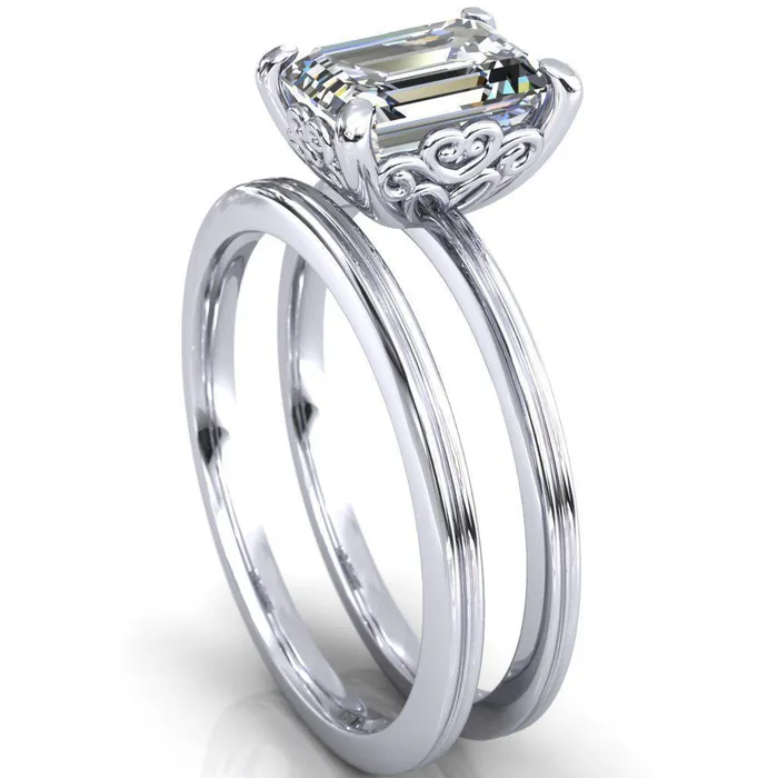 Fire Brilliance Violette Emerald Center Stone Mustache Heart Scrolls Engagement Ring Rings