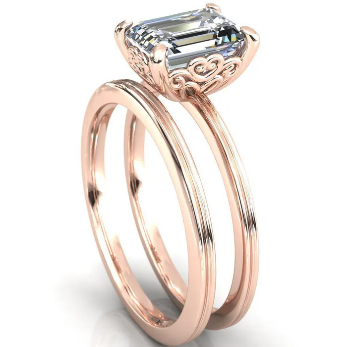 Fire Brilliance Violette Emerald Center Stone Mustache Heart Scrolls Engagement Ring Rings