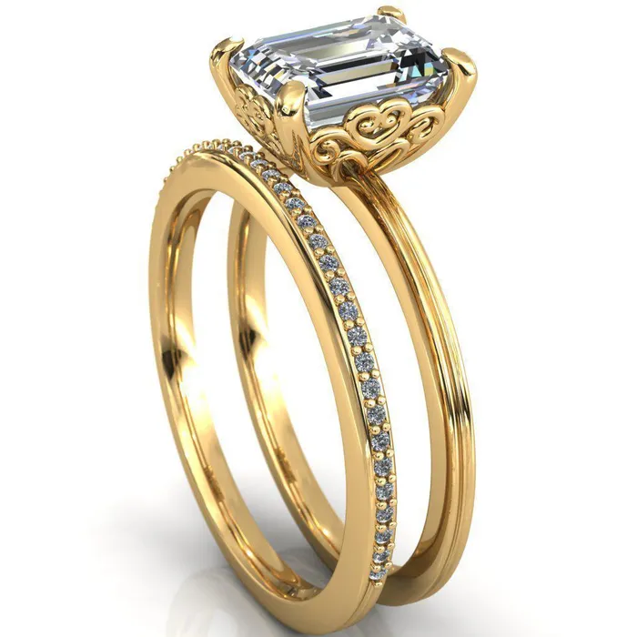 Fire Brilliance Violette Emerald Center Stone Mustache Heart Scrolls Engagement Ring Rings