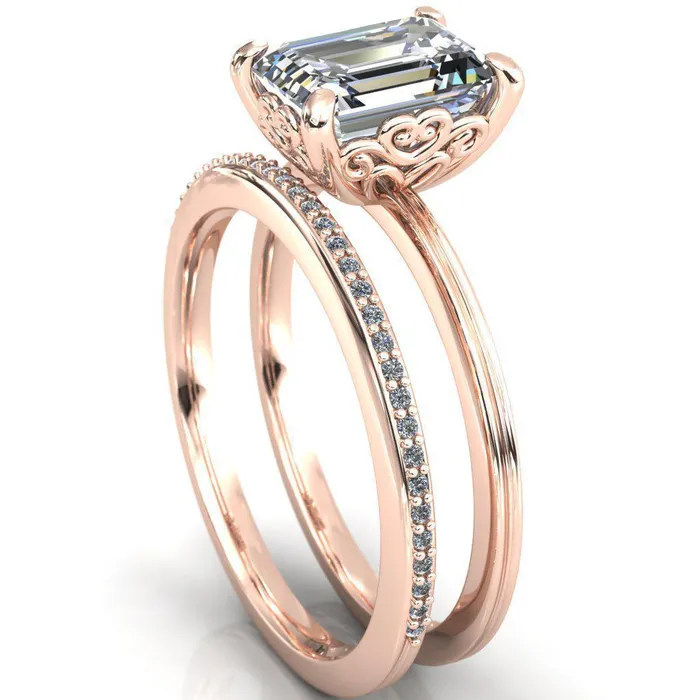 Fire Brilliance Violette Emerald Center Stone Mustache Heart Scrolls Engagement Ring Rings